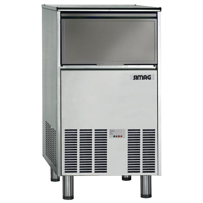 Simag SCH65 cube ice machine with 48 lb storage bin in stainless steel with lift-up bin door, angled front view