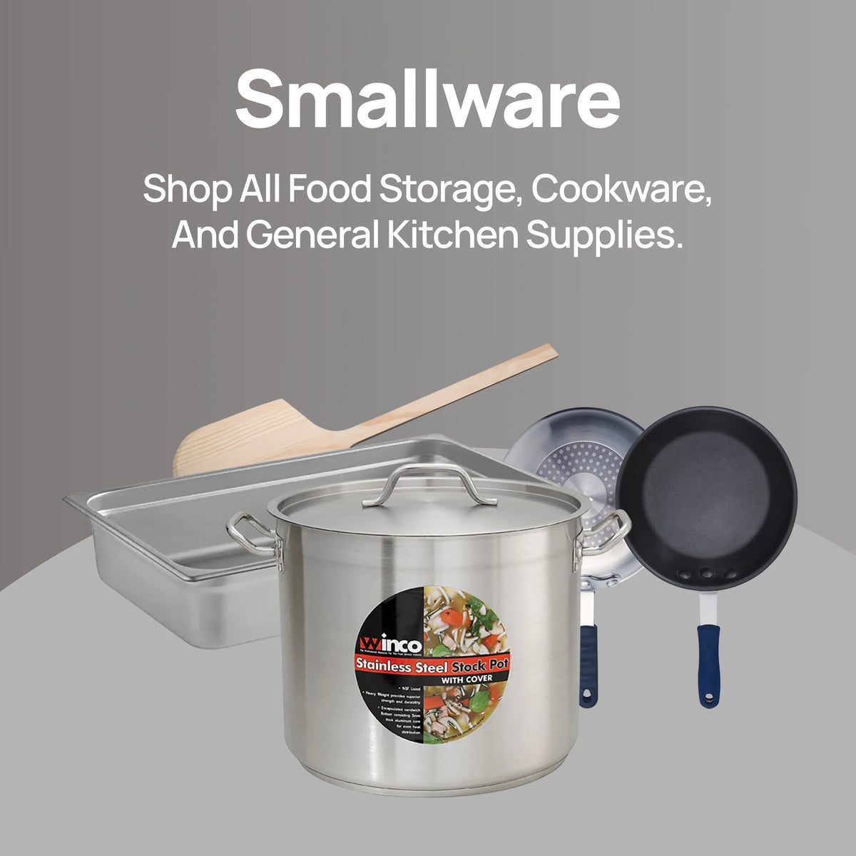 Smallware – shop all food storage, cookware, and general kitchen supplies, featuring a stock pot, fry pans, and a pizza peel