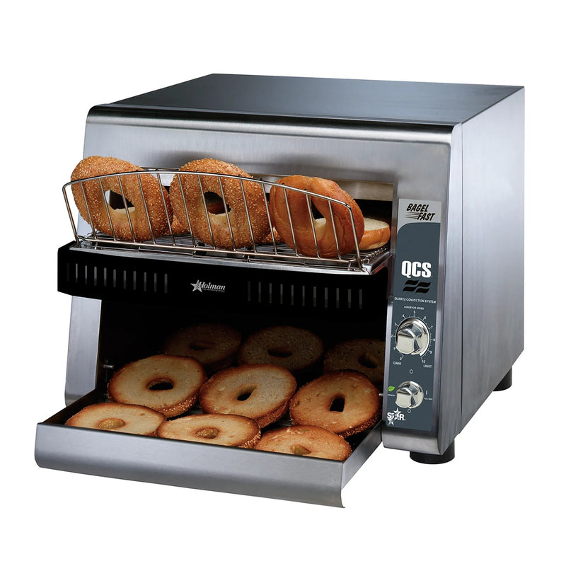 Star-Holman QCS3-1600B compact toaster in stainless steel with 3-inch opening, toasting bagels with toasted bagels below