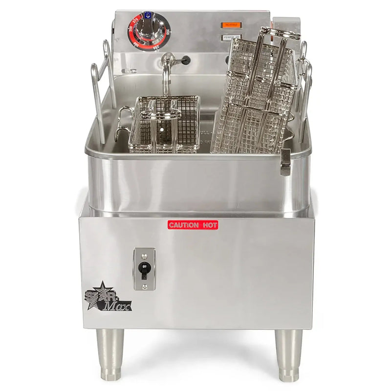 Star-Max 515F 15 lb electric countertop single well deep fryer, stainless steel body with two fry baskets, front view