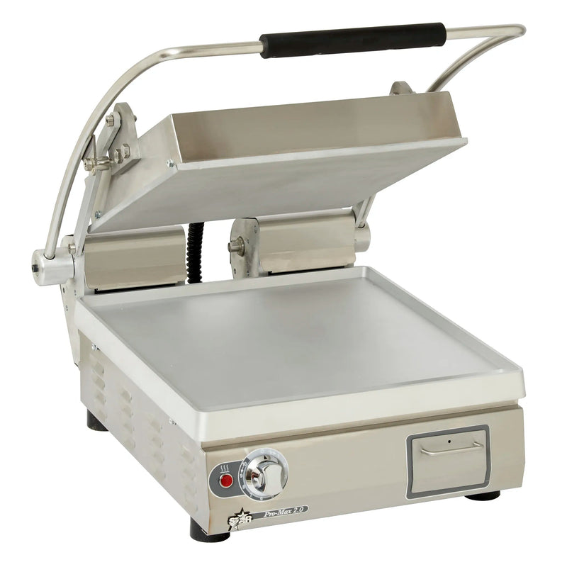 Star Pro-Max PST14 heavy duty flat panini grill with lid raised, smooth cooking plates and stainless steel base