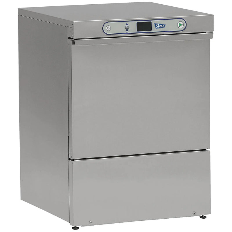 Stero SUH-1/SUL-1 high-temp or low-temp under counter dishwasher in stainless steel with top controls, angled view