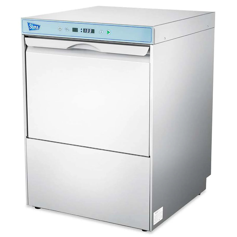 Stero SUNH-1/SUNL-1 high-temp or low-temp under counter dishwasher, stainless steel with top control panel, angled