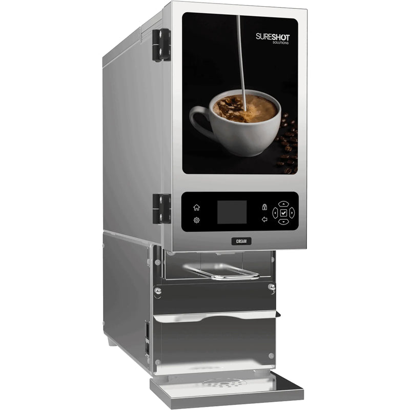 SureShot FlexoShot 2.0 AC110-V2SST milk and cream dispenser in stainless steel with black touchscreen front panel