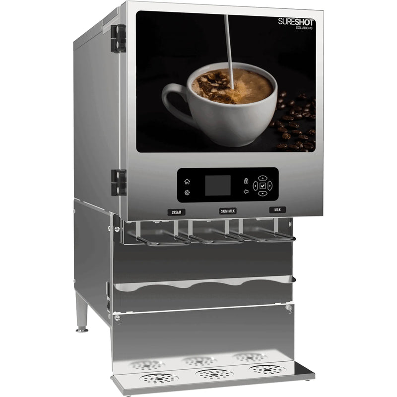 SureShot FlexoShot 2.0 AC330-V2SST milk and cream dispenser in stainless steel with three dispense heads and drip tray
