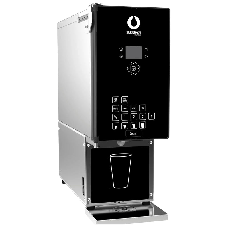 SureShot IntelliShot 2.0 AC110-V2PCT milk and cream dispenser with black touch panel and single cup station, angled