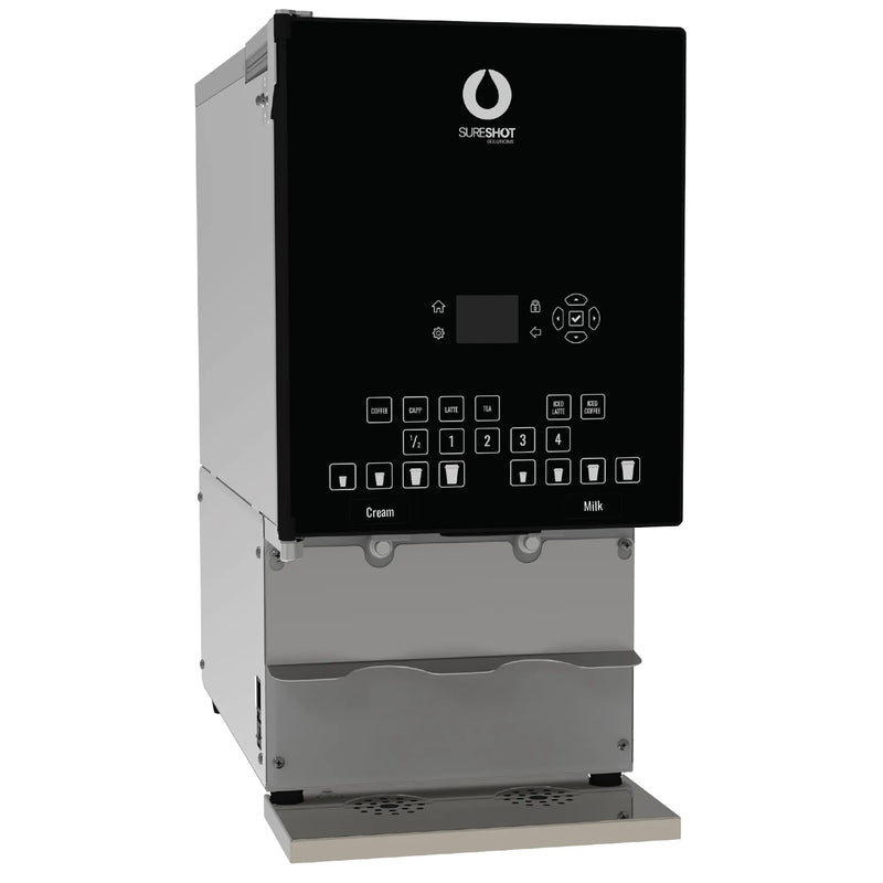 SureShot IntelliShot 2.0 AC220-V2PCT milk and cream dispenser with black keypad front and stainless steel drip tray