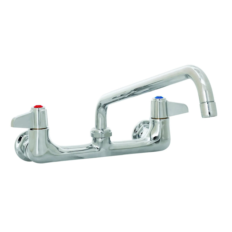 T&S Brass Equip Line wall-mount swing neck faucet in chrome-plated brass with lever handles, front view