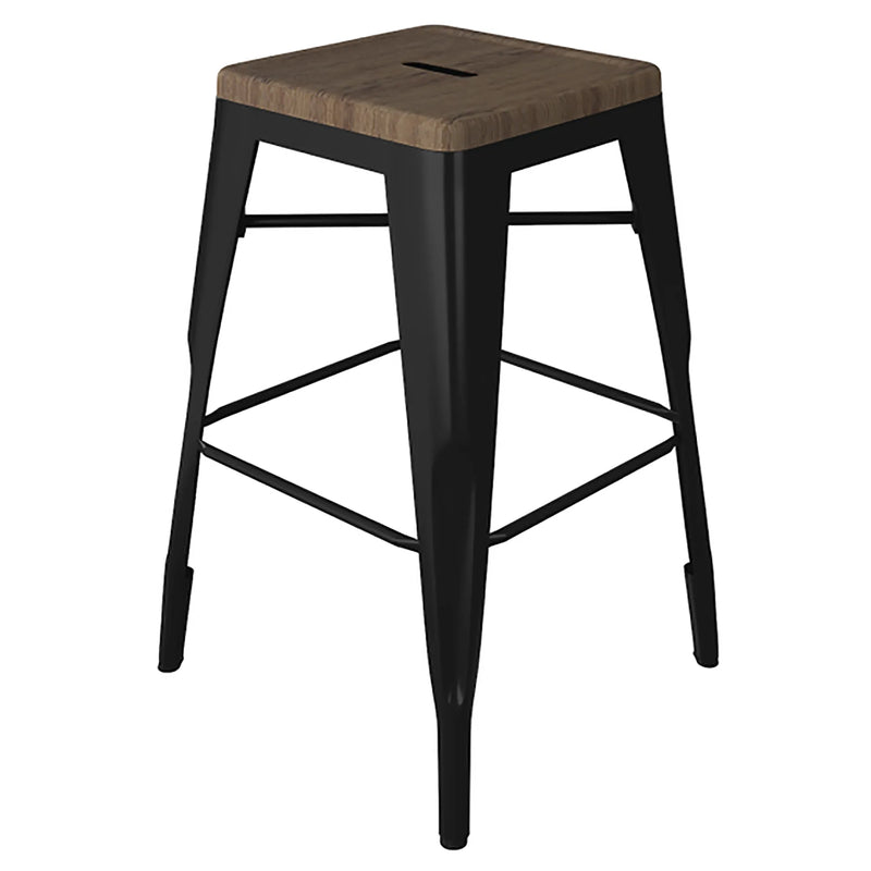 Tarrison Amelia indoor stackable backless metal stool in black with wood seat and footrest rungs, shorter size option