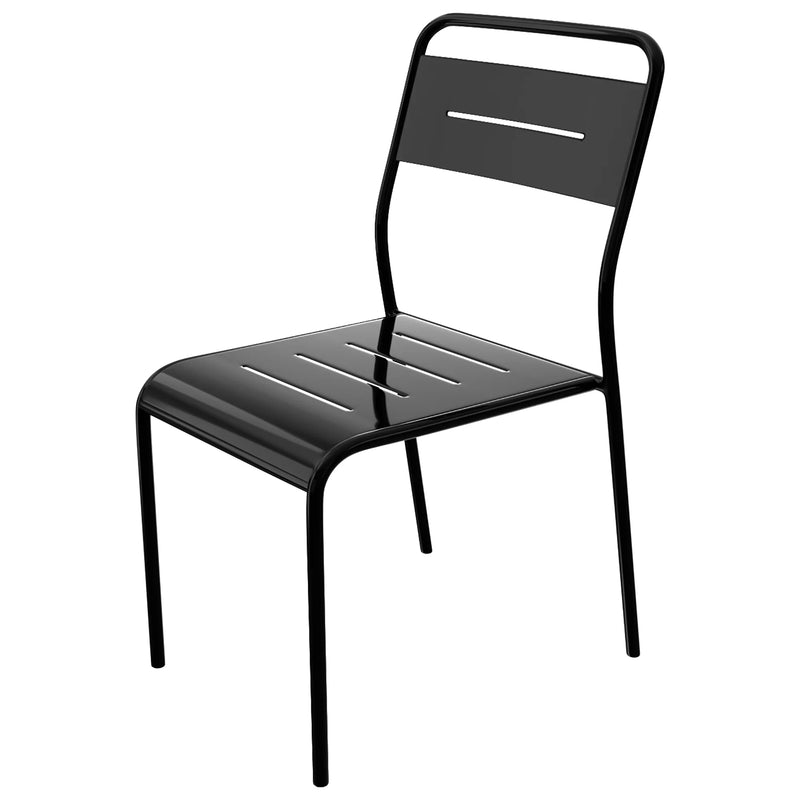 Tarrison Garrett all-weather stackable aluminum side chair in black with slatted seat and back, angled front view