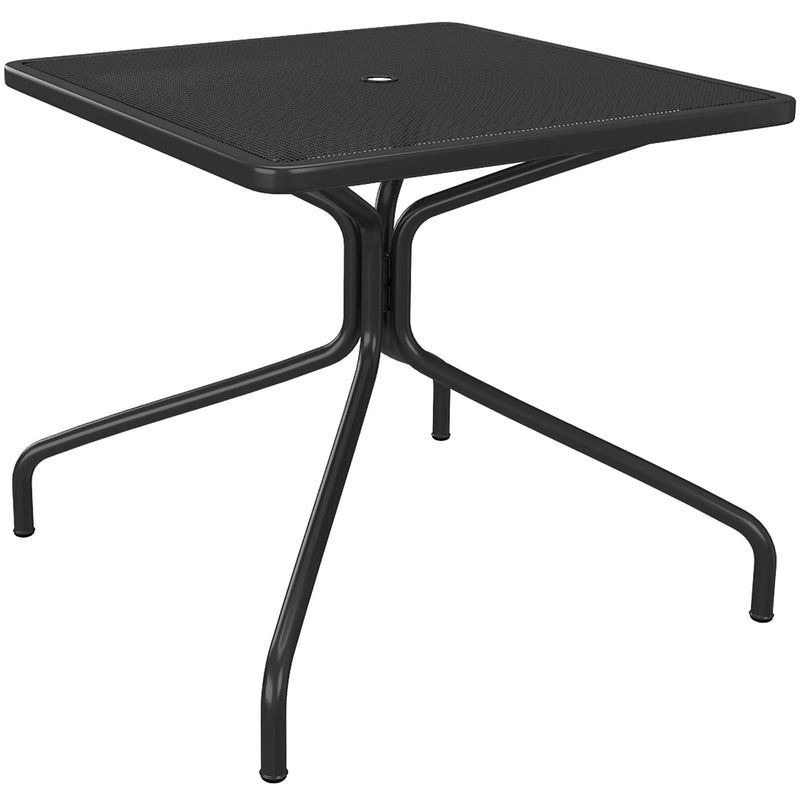 Tarrison Maddox all-weather square mesh table in black with umbrella hole and splayed tubular legs, angled view