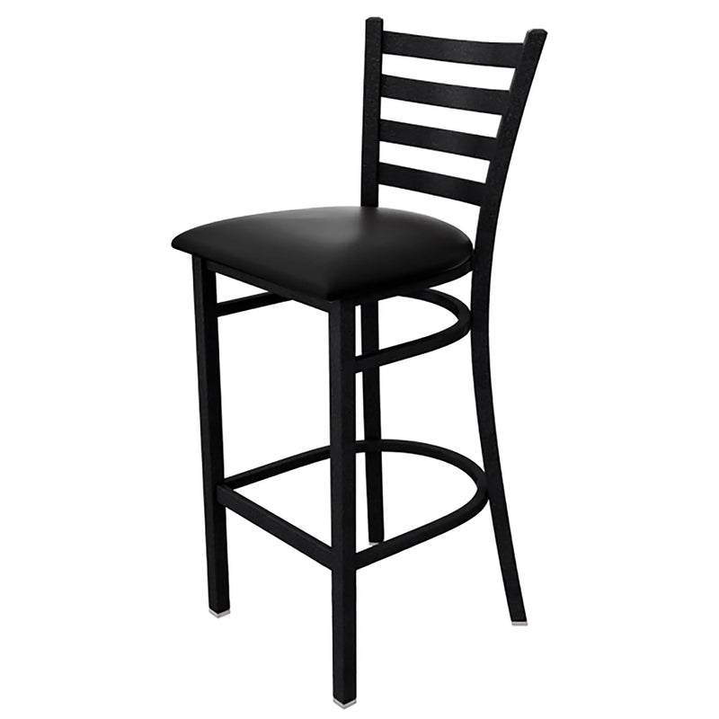Tarrison Spencer ladder back bar stool with black metal frame, footrest ring and black vinyl upholstered seat