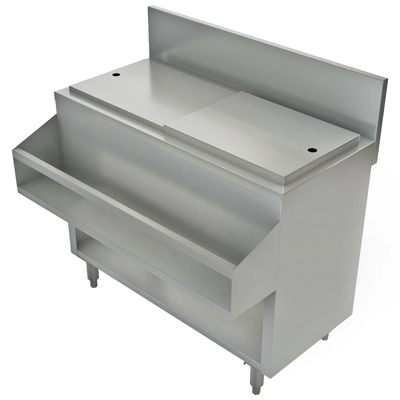 Tarrison TA-CMU series stainless steel cocktail mix unit, no sink configuration with covered top and open shelves