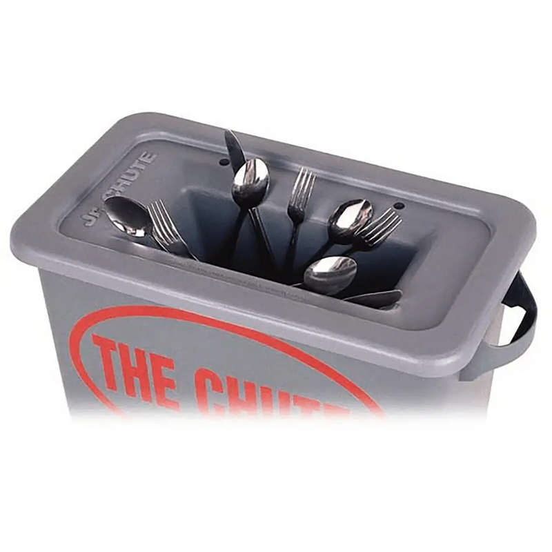 The Chute Jr. Chute grey magnetic flatware catcher lid on a 23 gal slim garbage bin, cutlery held on magnet