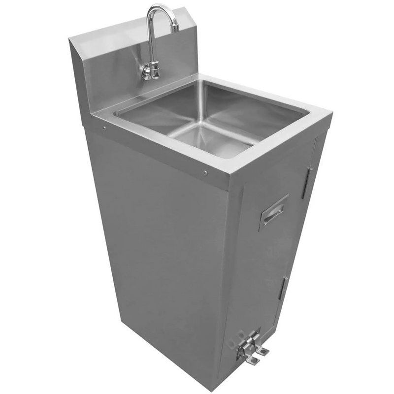 Thorinox TPS-1617 stainless steel pedestal sink with gooseneck faucet, wall splash and foot pedal valves, angled view