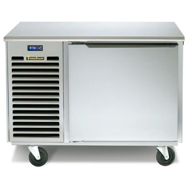Traulsen TU044HT 44-inch single door stainless steel side mounted refrigerated work table on casters, angled view