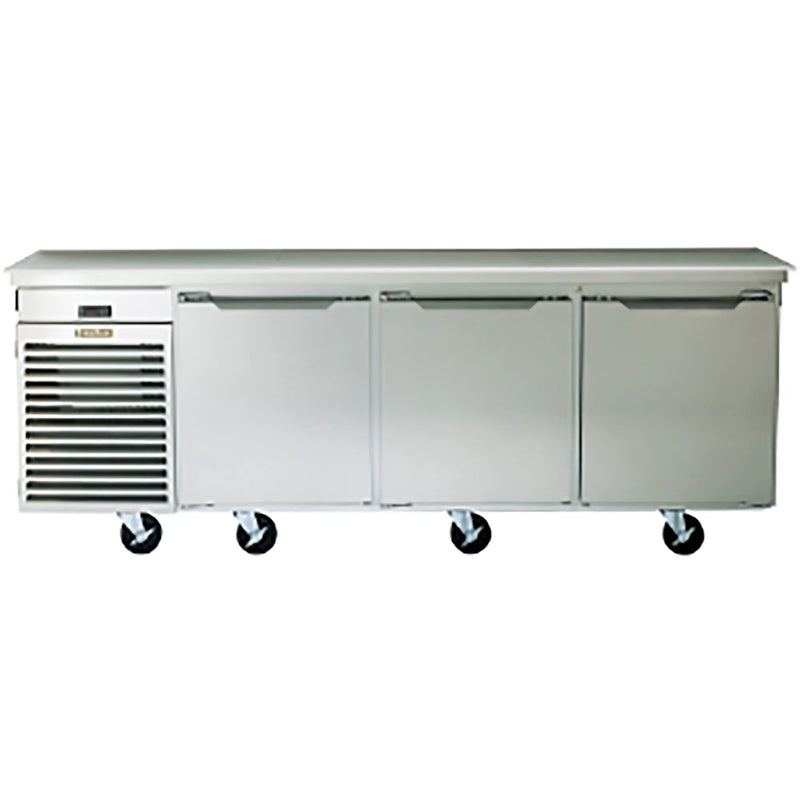 Traulsen TU100HT 100-inch three door stainless steel side mounted refrigerated work table on casters, angled view