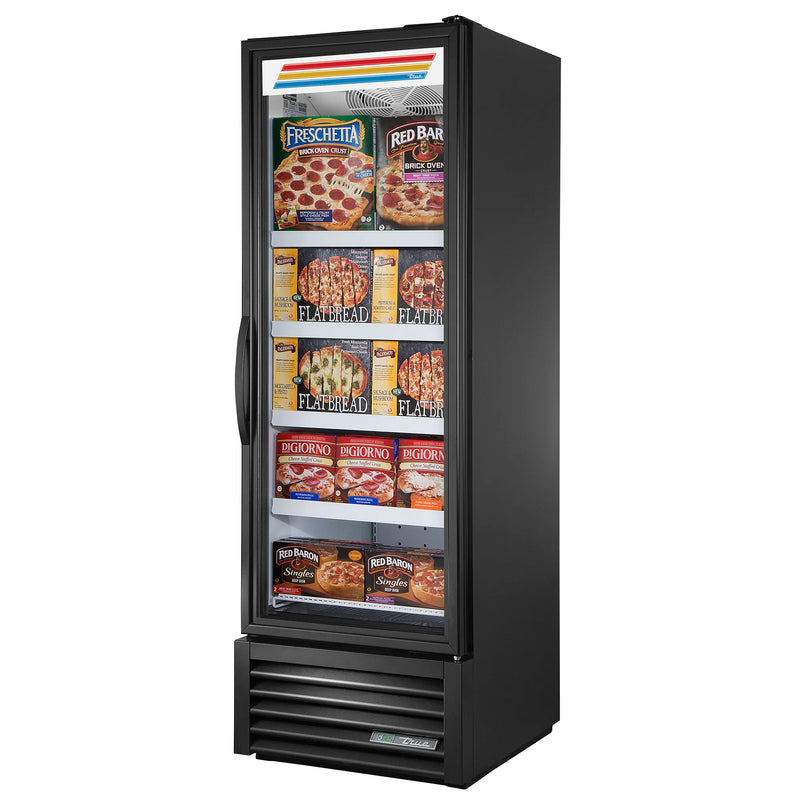 True FLM-27F~TSL01 27-inch black single door full length glass display freezer stocked with frozen pizza