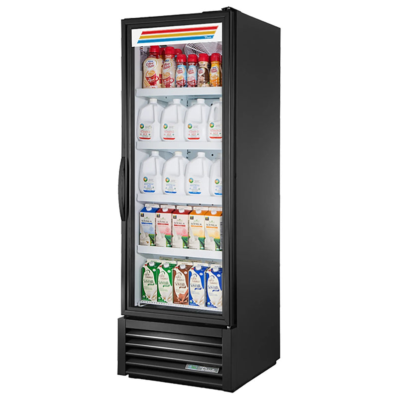True FLM-27~TSL01 27-inch black single door full length glass display refrigerator stocked with drinks
