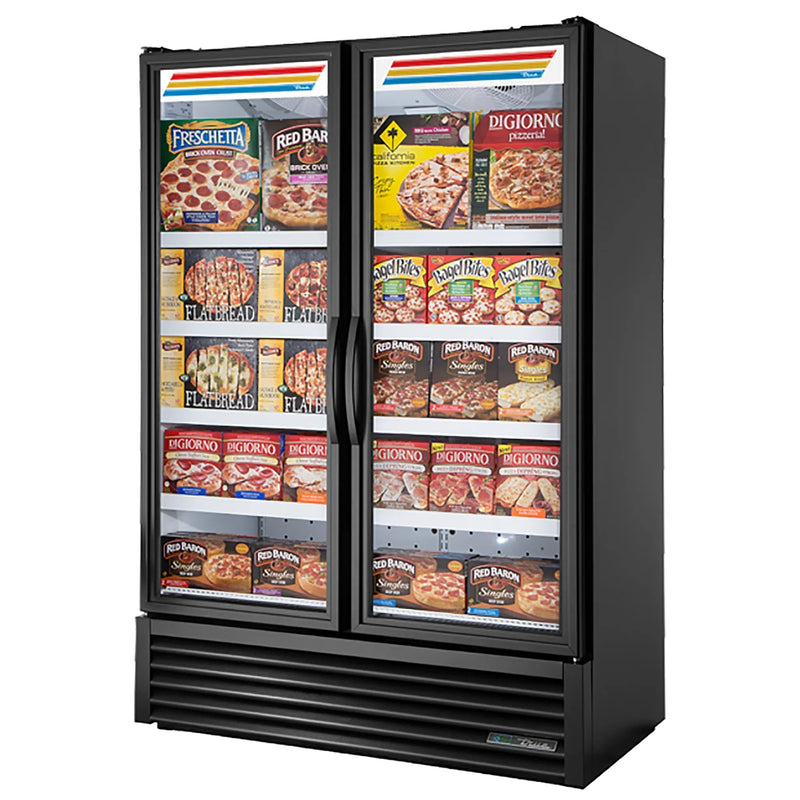True FLM-54F~TSL01 54-inch black double door full length glass display freezer stocked with frozen foods