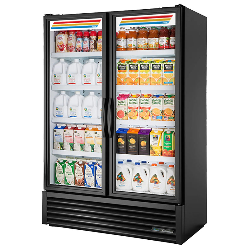 True FLM-54~TSL01 54-inch black double door full length glass display refrigerator stocked with dairy and juice