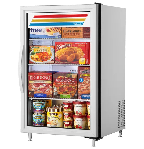 True GDM-07F-HC~TSL01 24-inch white single glass door countertop display freezer stocked with frozen foods