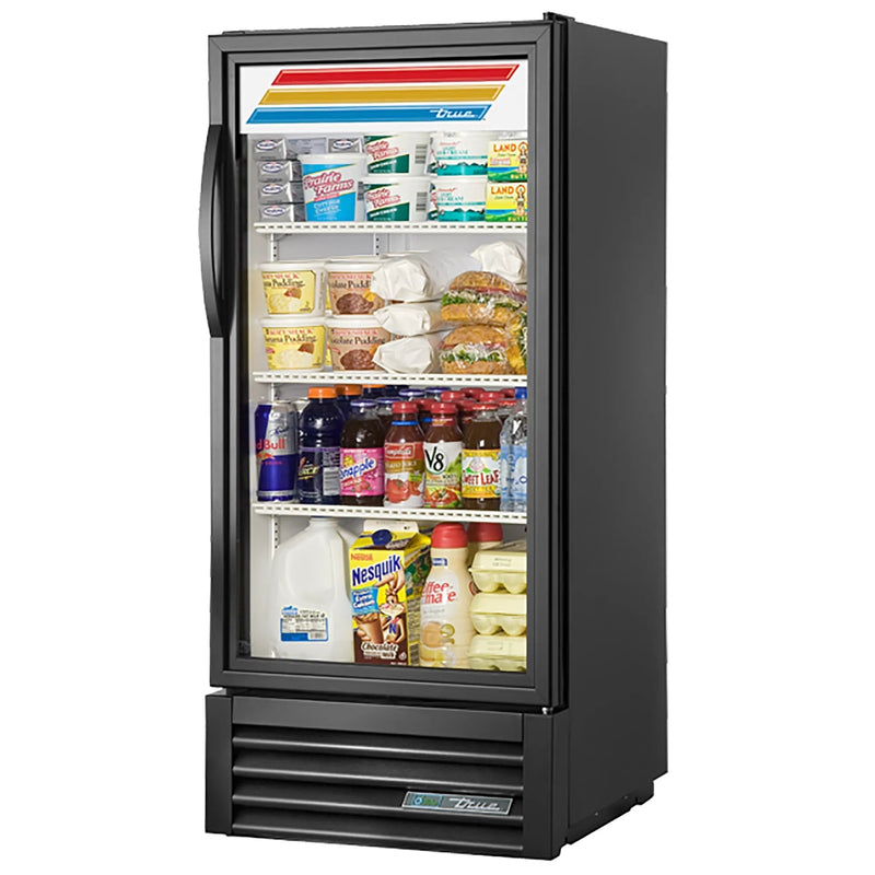 True GDM-10-HC~TSL01 25-inch black single glass door display refrigerator stocked with drinks, front view