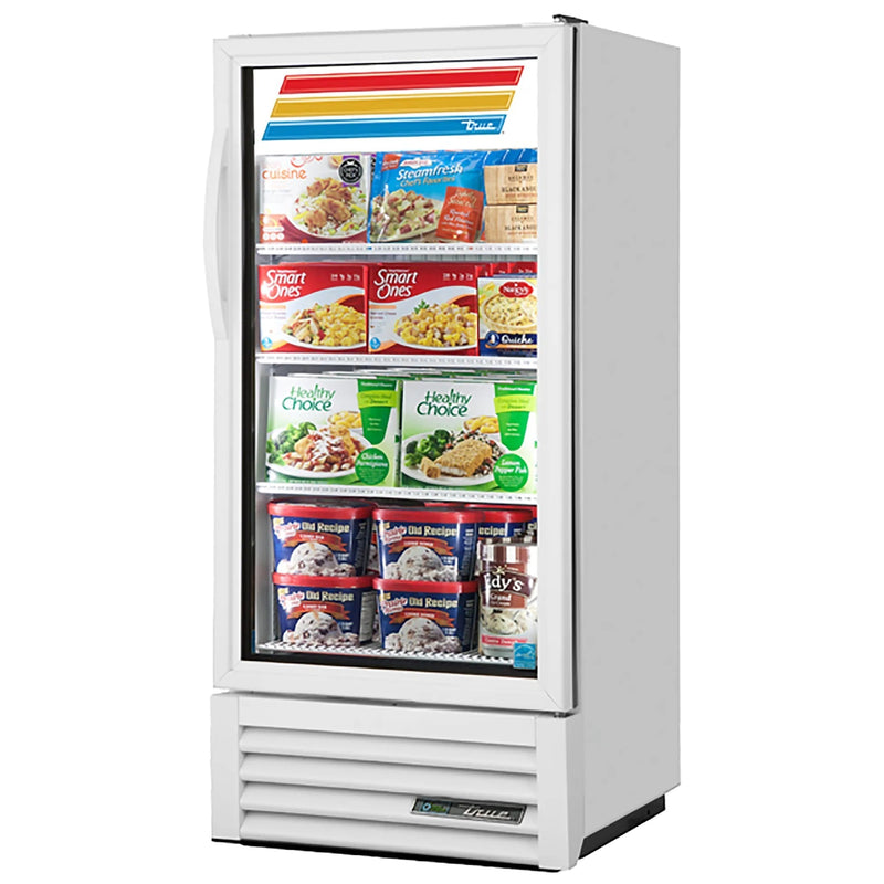 True GDM-10F-HC~TSL01 25-inch white single glass door display freezer stocked with frozen meals