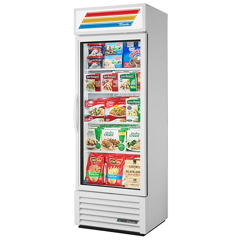 True GDM-19T-F-HC~TSL01 27-inch white single door shallow glass display freezer stocked with frozen foods