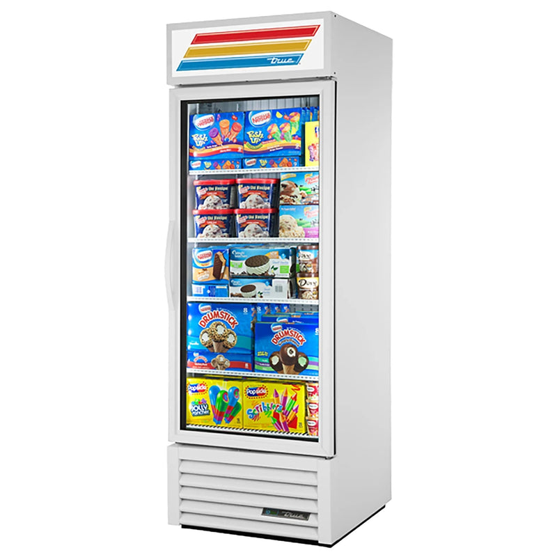 True GDM-23F-HC~TSL01 27-inch white single glass door display freezer stocked with frozen desserts