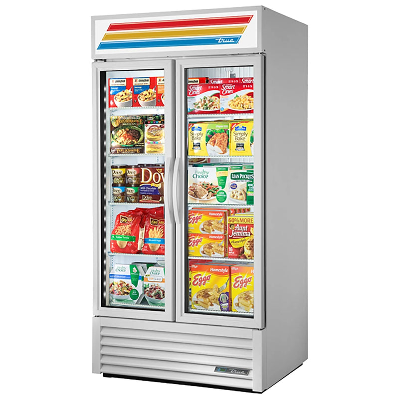 True GDM-35F-HC~TSL01 40-inch white double glass door display freezer stocked with frozen foods