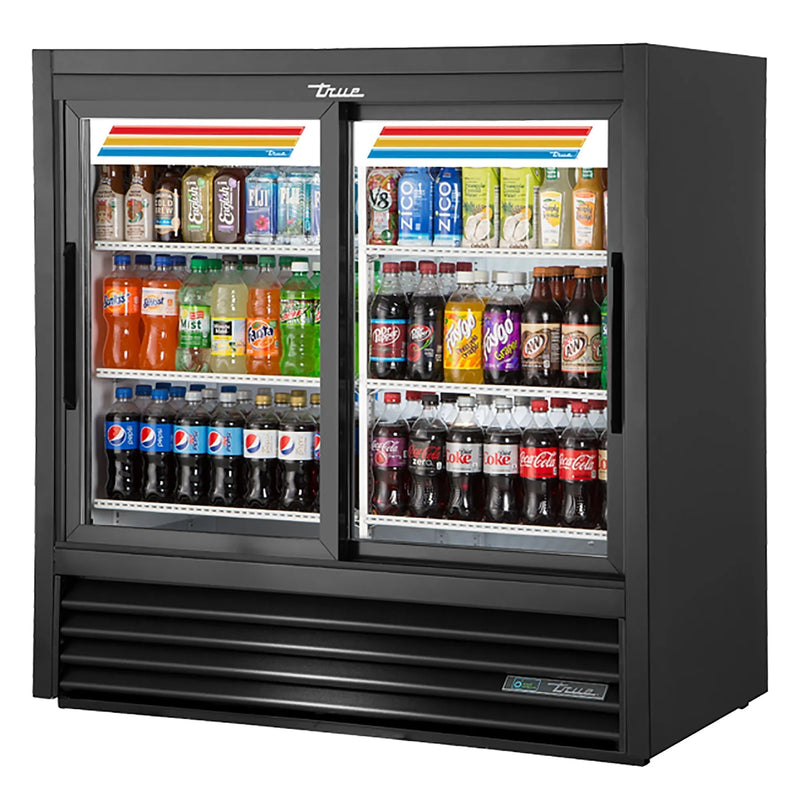 True GDM-41C-48-HC-LD 48-inch black double sliding glass door display refrigerator stocked with beverages