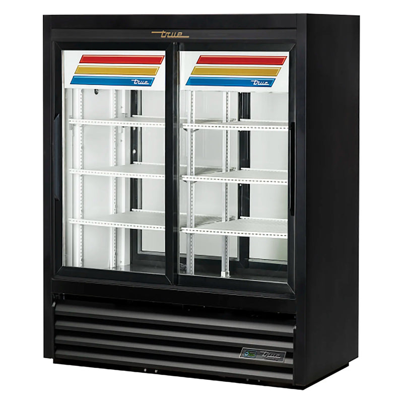 True GDM-41CPT-48-HC-LD 48-inch black double sliding door pass-through display refrigerator with empty shelves
