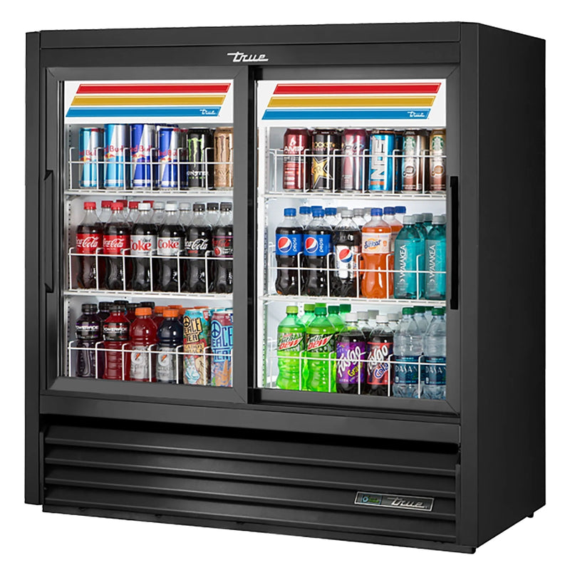 True GDM-41SL-48-HC-LD 47-inch black double sliding door shallow glass display refrigerator stocked with soda