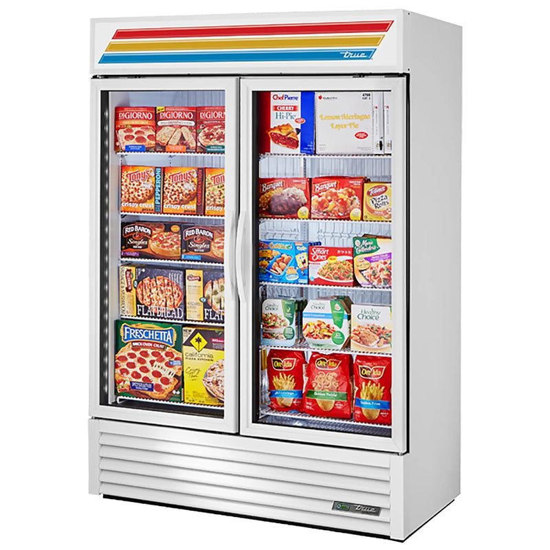 True GDM-49F-HC~TSL01 54-inch white double glass door display freezer stocked with frozen pizza and meals