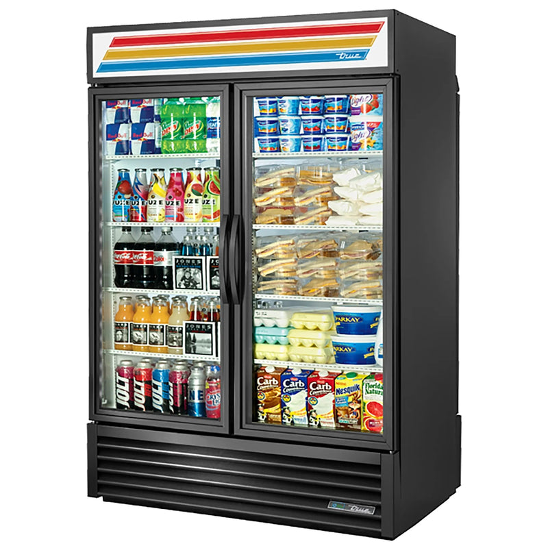 True GDM-49RL-HC~TSL01 54-inch black double swing glass door rear load display refrigerator, stocked