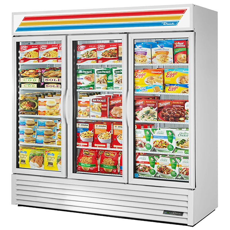 True GDM-72F-HC~TSL01 78-inch white triple glass door display freezer stocked with frozen foods, angled view