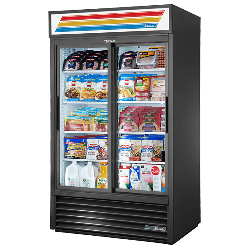 True GDM Series 47-inch black double glass door display refrigerator with sliding doors, stocked with food
