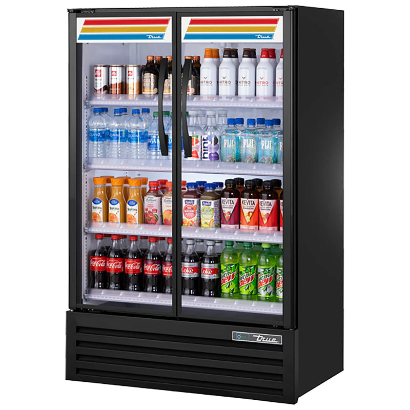 True Slim Line TVM-36SL-HC~VM03 36-inch black double glass door display refrigerator stocked with beverages