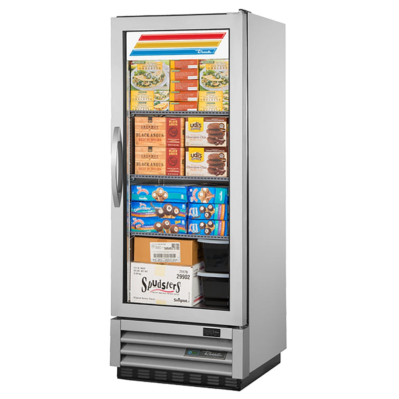 True T-12FG-HC~FGD01 25" wide single glass door display freezer with lighted sign, stocked with frozen foods