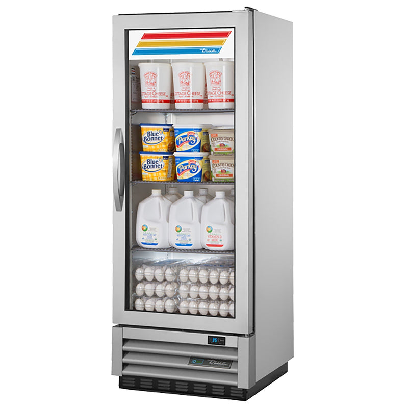 True T-12G-HC~FGD01 25" wide single glass door display refrigerator with lighted sign, stocked with dairy and eggs