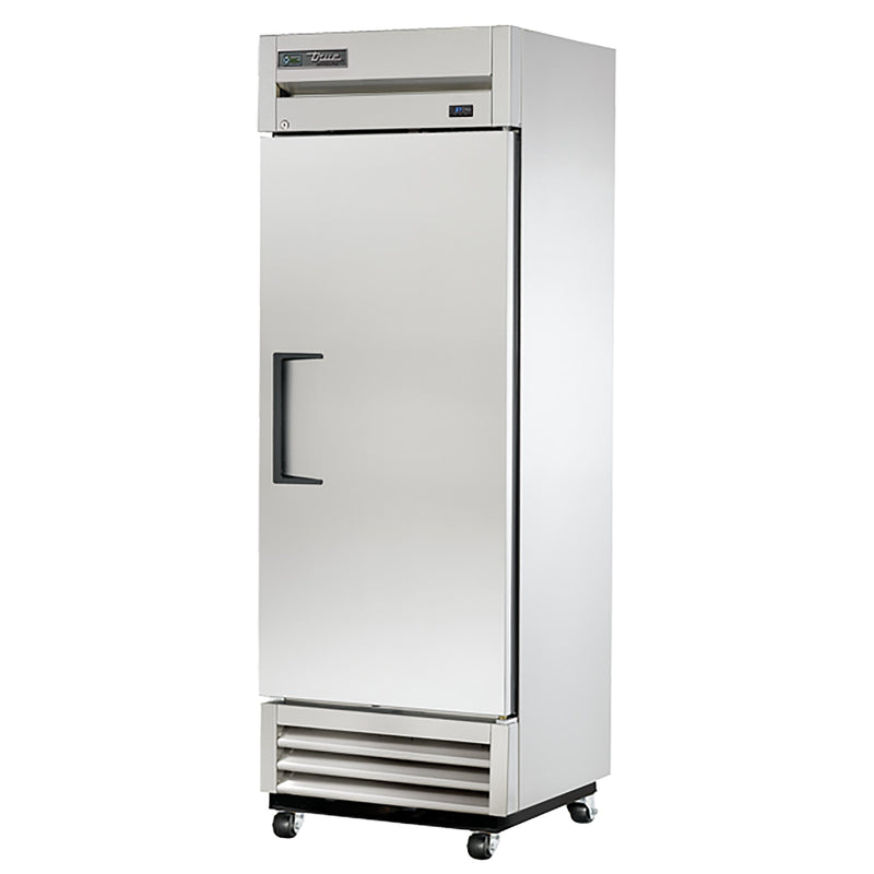 True T-19-HC 27" wide shallow depth single solid door stainless steel refrigerator on casters, door closed