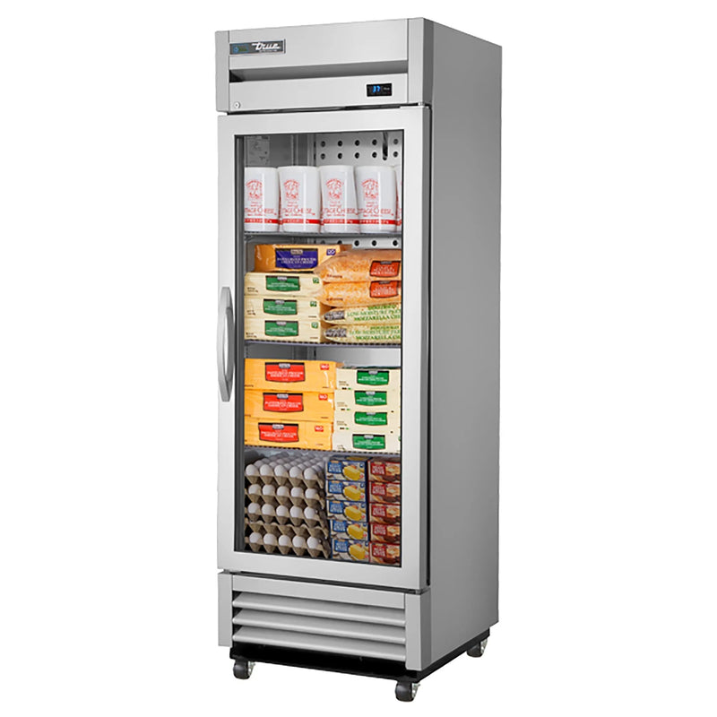 True T-19G-HC~FGD01 27" wide shallow single glass door display refrigerator stocked with packaged food, front view