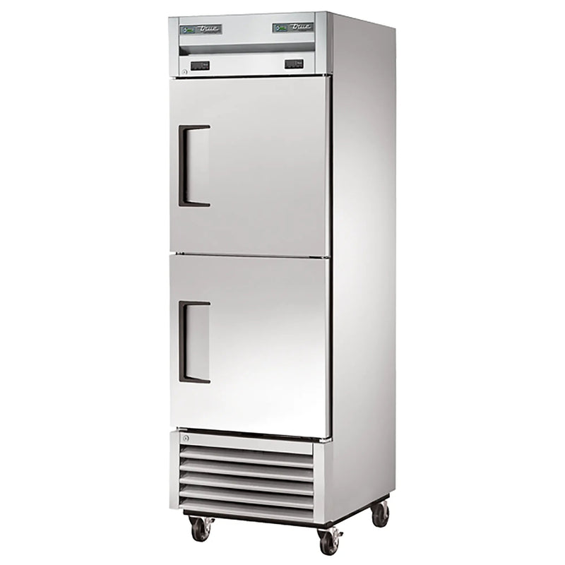 True T-23DT-HC 27" wide stainless steel refrigerator/freezer with two split half doors and casters, angled view
