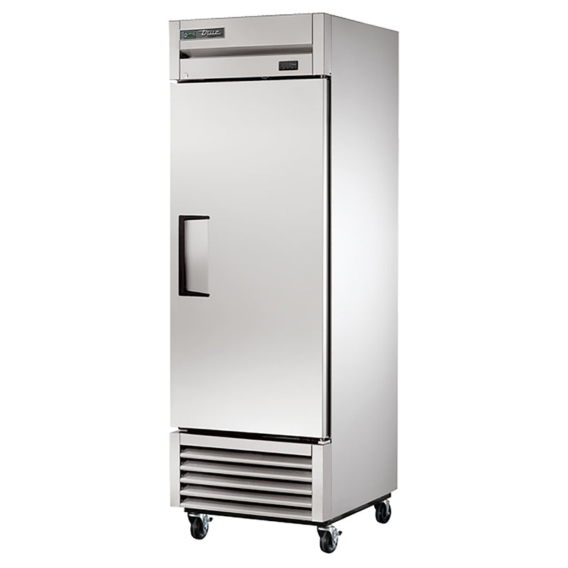 True T-23F-HC 27" wide single solid door stainless steel reach-in freezer on casters with door closed, angled view