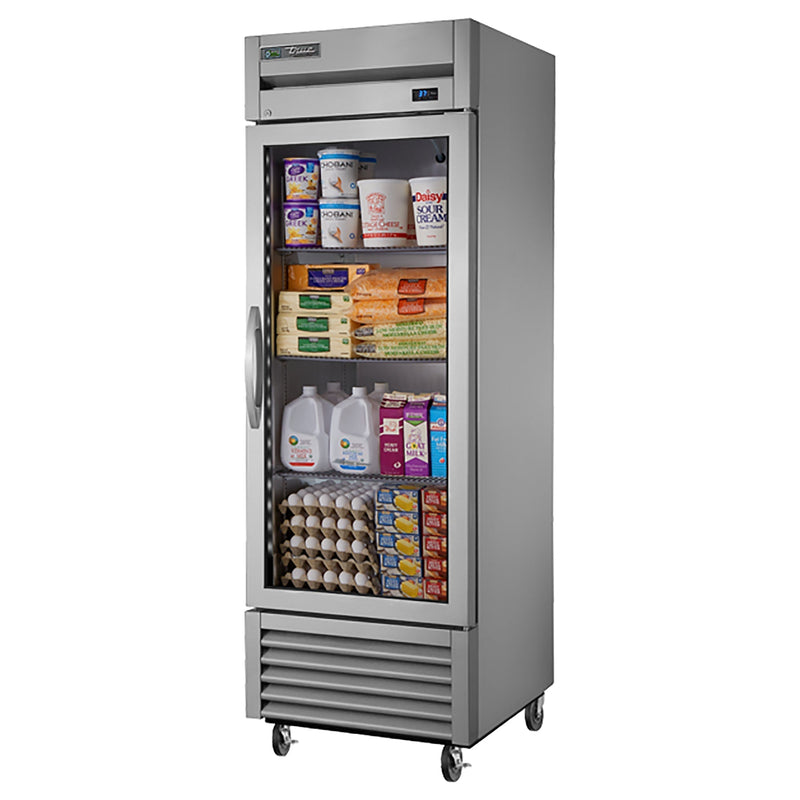 True T-23G-HC~FGD01 27" wide single glass door display refrigerator on casters, stocked with milk, eggs and snacks