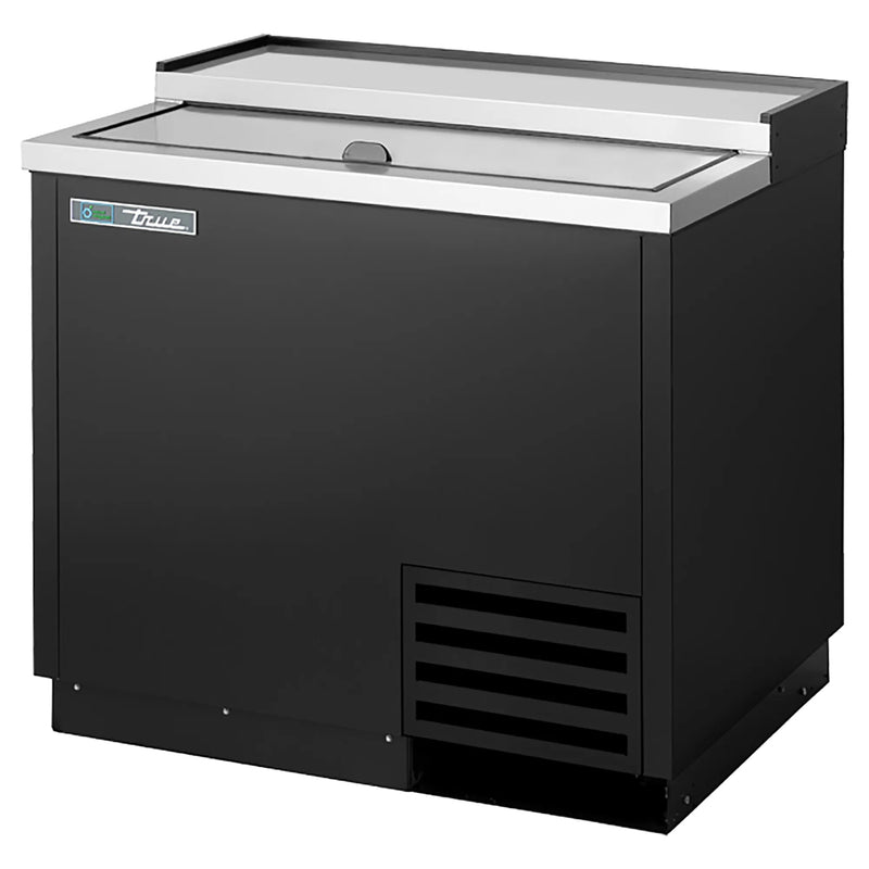 True T-36-GC Series 36-inch top-loading glass and plate chiller in black finish with stainless top
