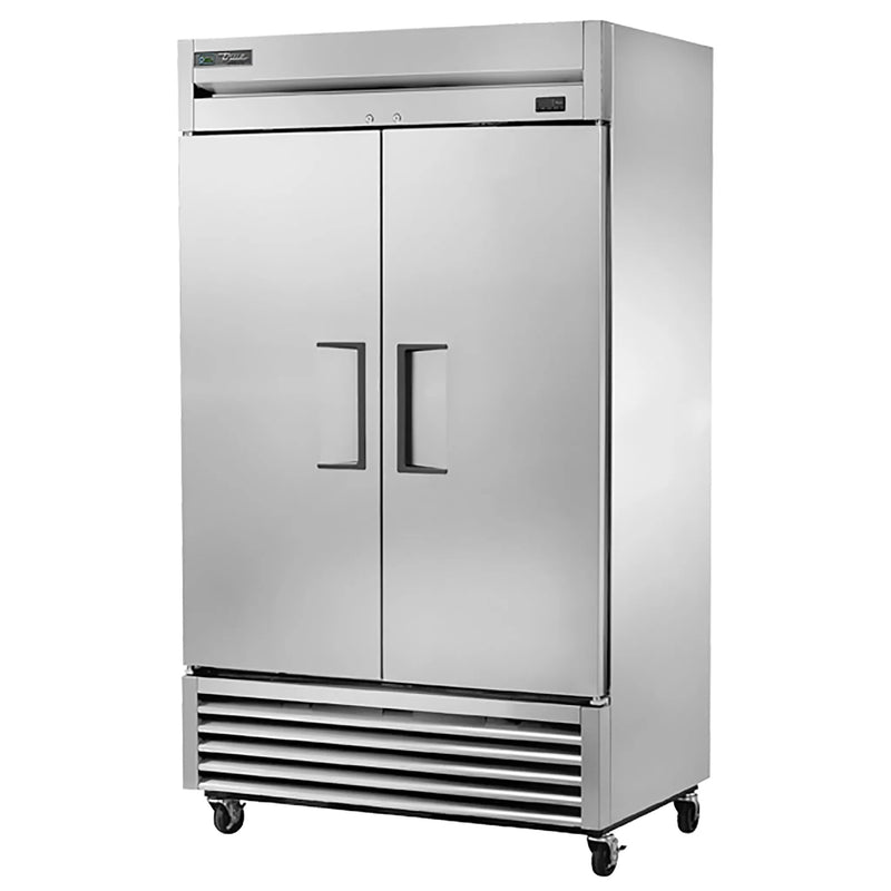 True T-43-HC 47" wide two solid door stainless steel reach-in refrigerator on casters, doors closed, angled view