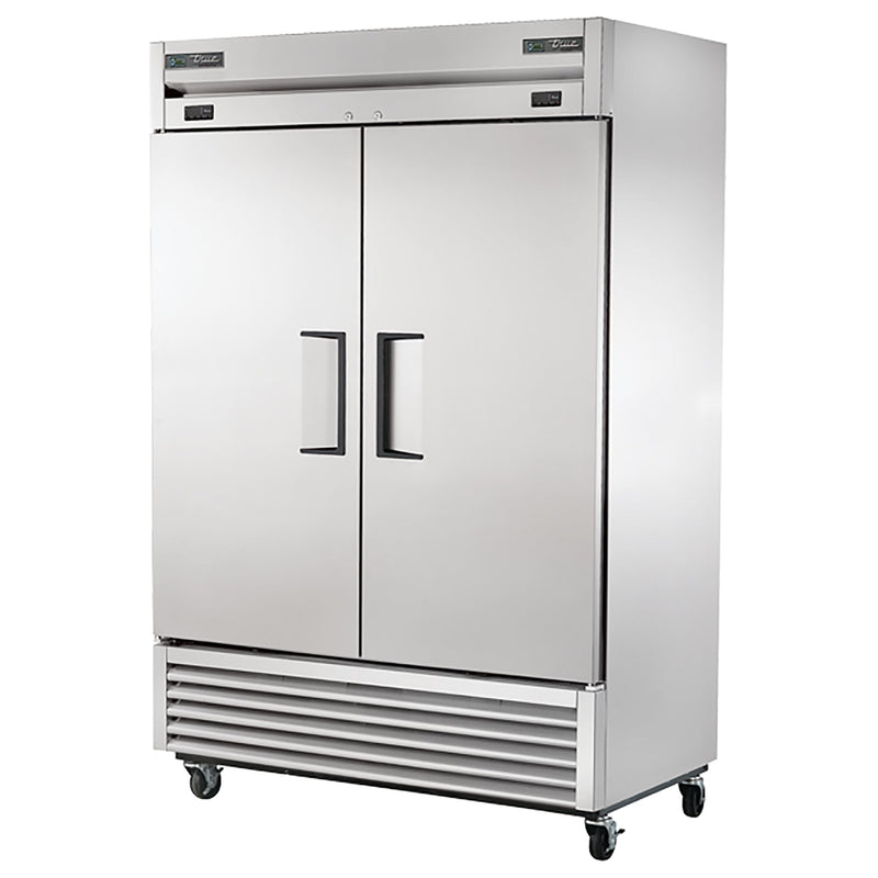 True T-49DT-HC 54" wide two door stainless steel refrigerator/freezer on casters with doors closed, angled view