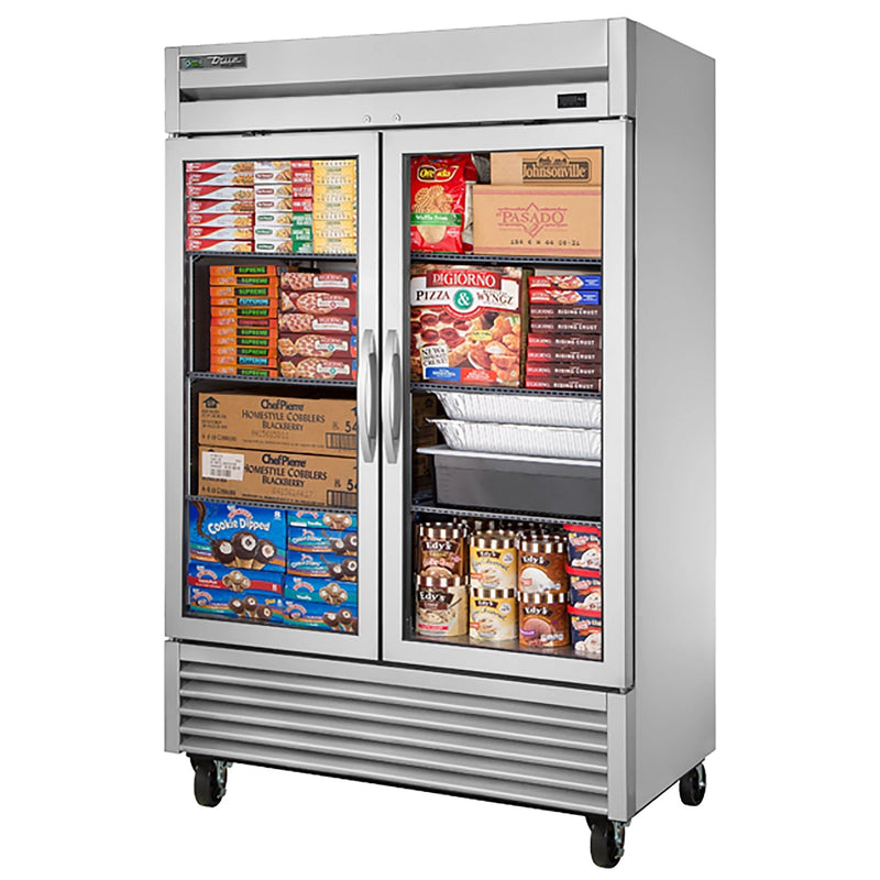 True T-49FG-HC~FGD01 54" wide two glass door display freezer on casters, stocked with frozen boxed foods